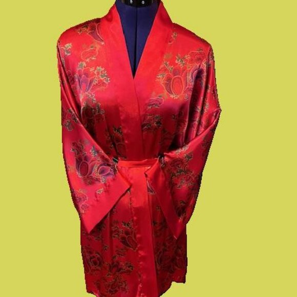 Vintage Red Kimono short floral print Robe 14/20 - Picture 7 of 8